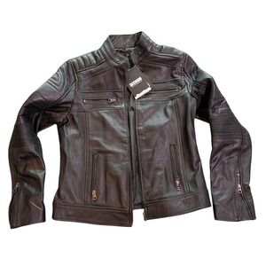 Decrum Cafe Racer Womens Black Genuine Leather Motorcycle Jacket Size M NWT